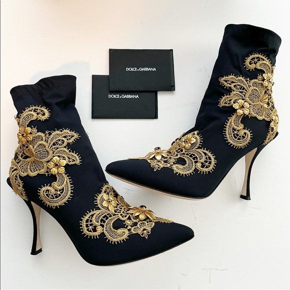 DOLCE & GABBANA Lori embellished lace appliquéd stretch jersey sock boot gold - Picture 1 of 13